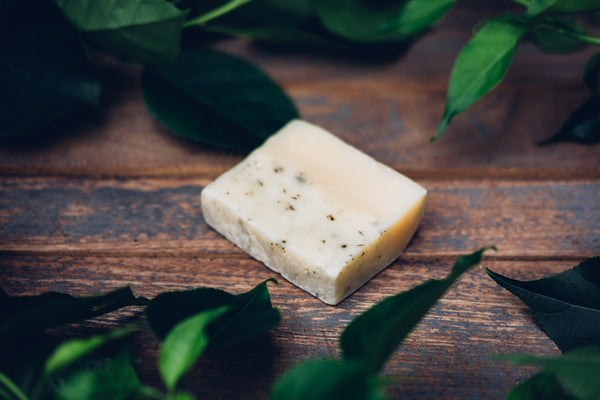 A bar of handmade soap on dark wood, surrounded by leaves